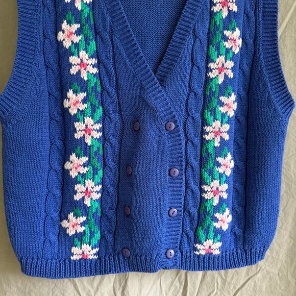 Vintage J. Christopher Sweater Vest Blue Floral Cable Knit Double-Breasted Sz‎ M - Picture 4 of 12